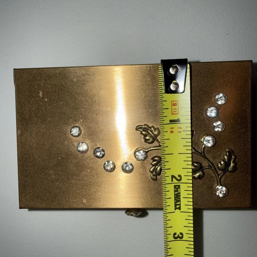 Vintage Mini Brass Jewelry Box with Rhinestones And Mirror 4.0 X 2.5 X 1.25